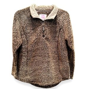 Cozy Sherpa Size L 1/4 Zip Pull Over in Brown/New Ivory Princess Seams